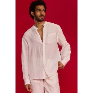 Men's Linen Mandarin Collar Shirt - White