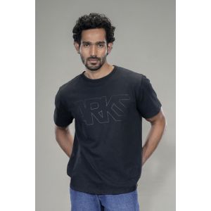 Men's French Terry Printed Round Neck T-Shirt - Black