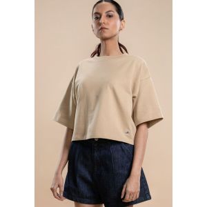 Women's French Terry Crop T-shirt - Beige
