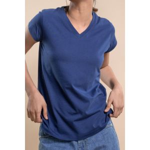 Women's Cotton Jersey V-Neck Tshirt - Dark Blue