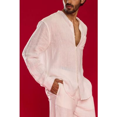 Men's Linen Mandarin Collar Shirt - White