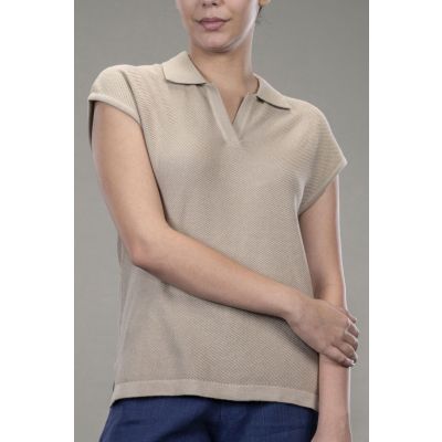 Women's Flat Knit Sleeveless Polo Shirt - Beige