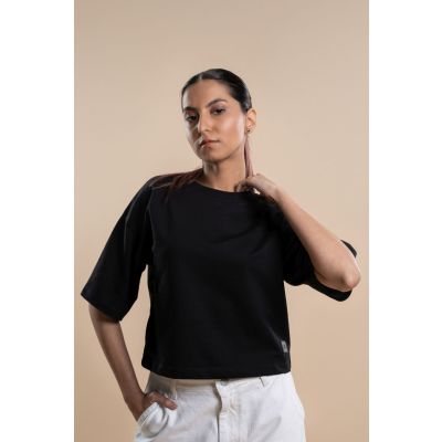 Women's French Terry Crop T-shirt - Black